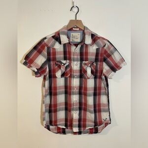 American Eagle Vintage Fit Short Sleeve Shirt Sz Medium Plaid Western Pearl Snap